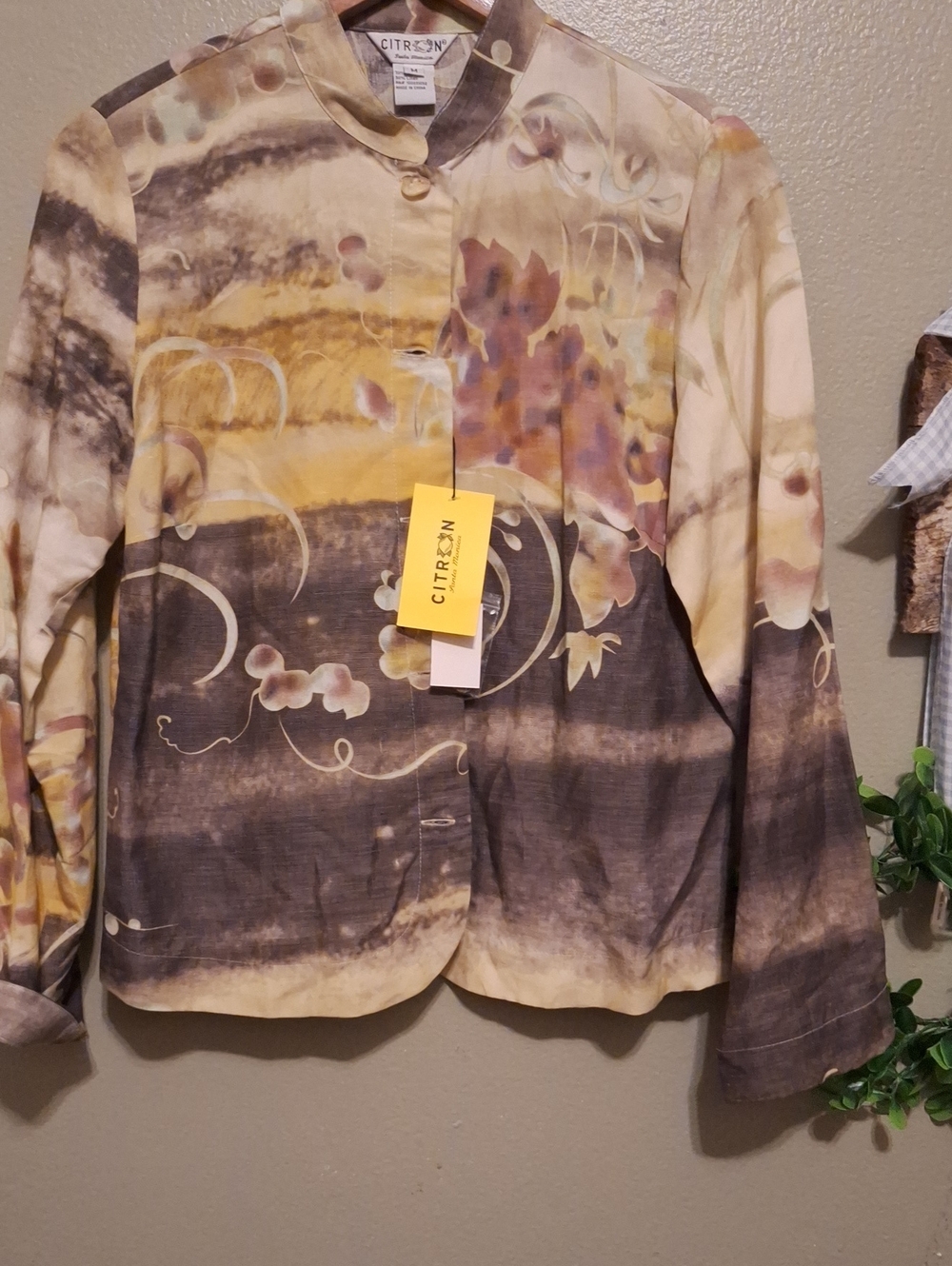 Citron Yellow and Brown Floral Silk/Linen Blazer